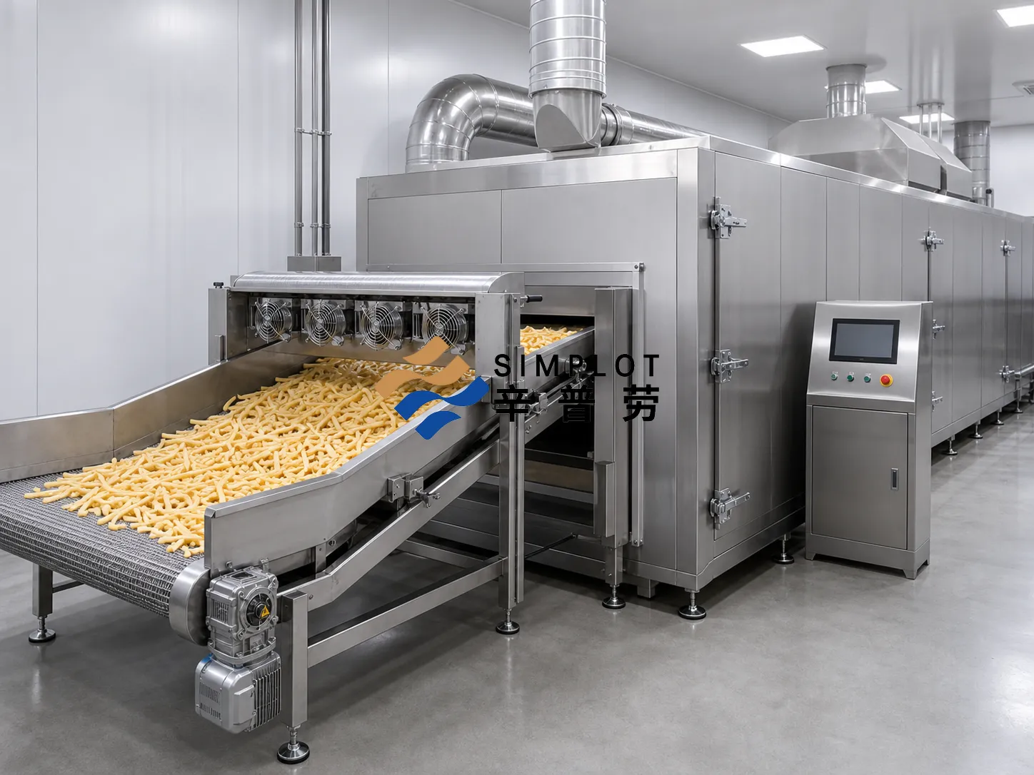 Industrial French fries line with frying oil removal cooling IQF freezing and packaging equipment
